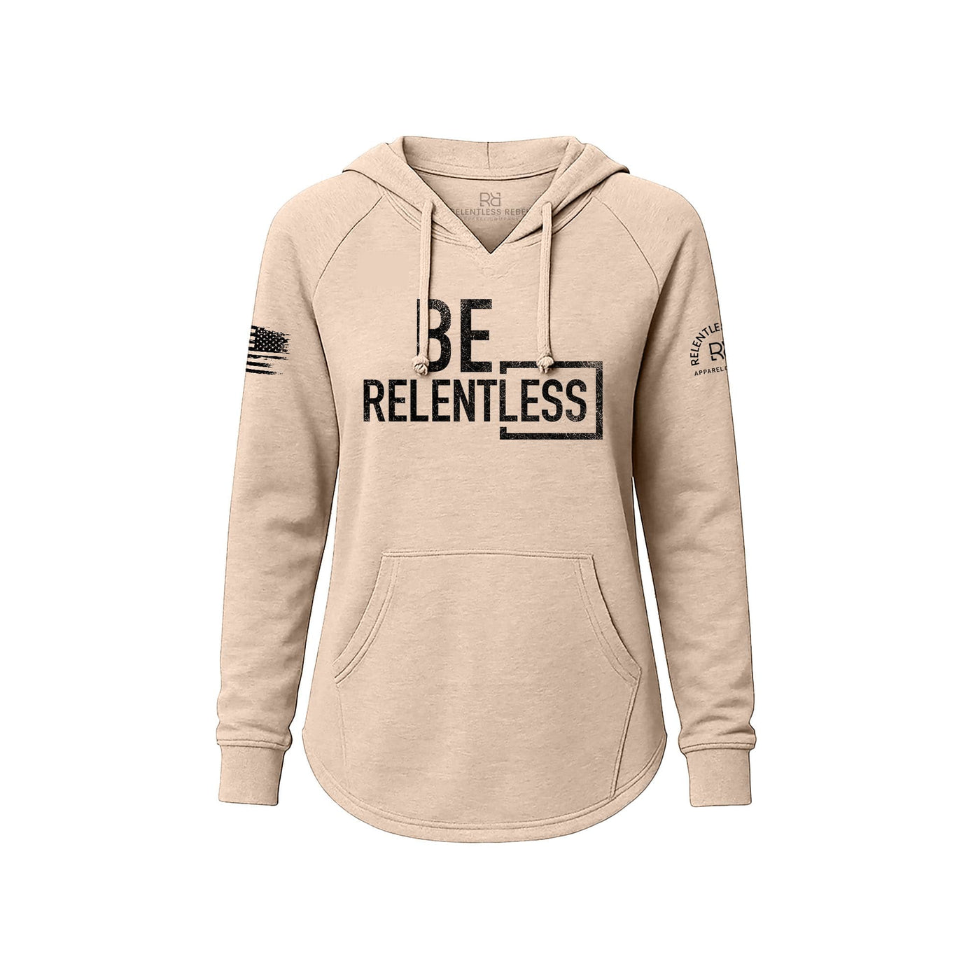 Blush hoodie with 'BE RELENTLESS' text on a white background