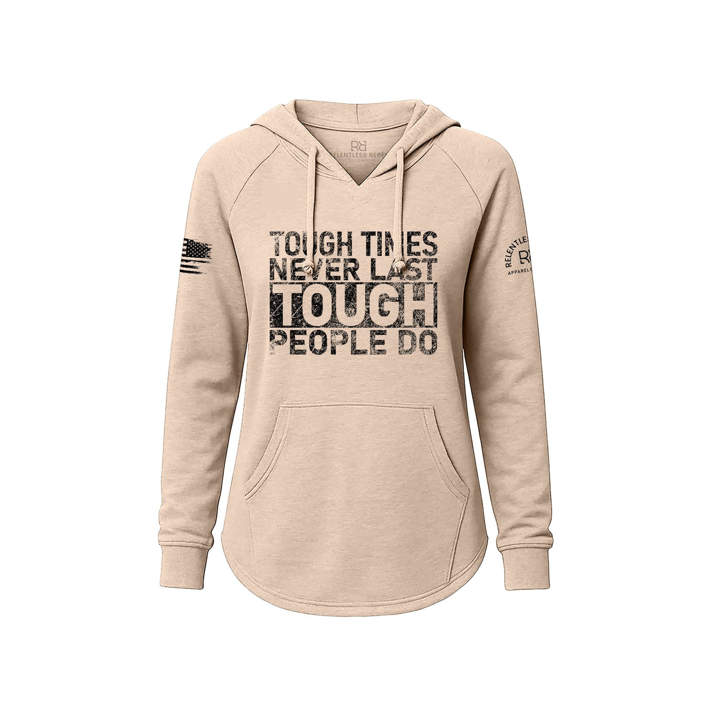 Blush hoodie with text and logos on a white background