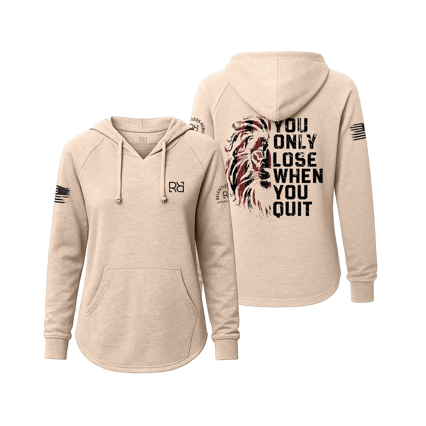 Blush hoodie with motivational quote and lion design on a white background