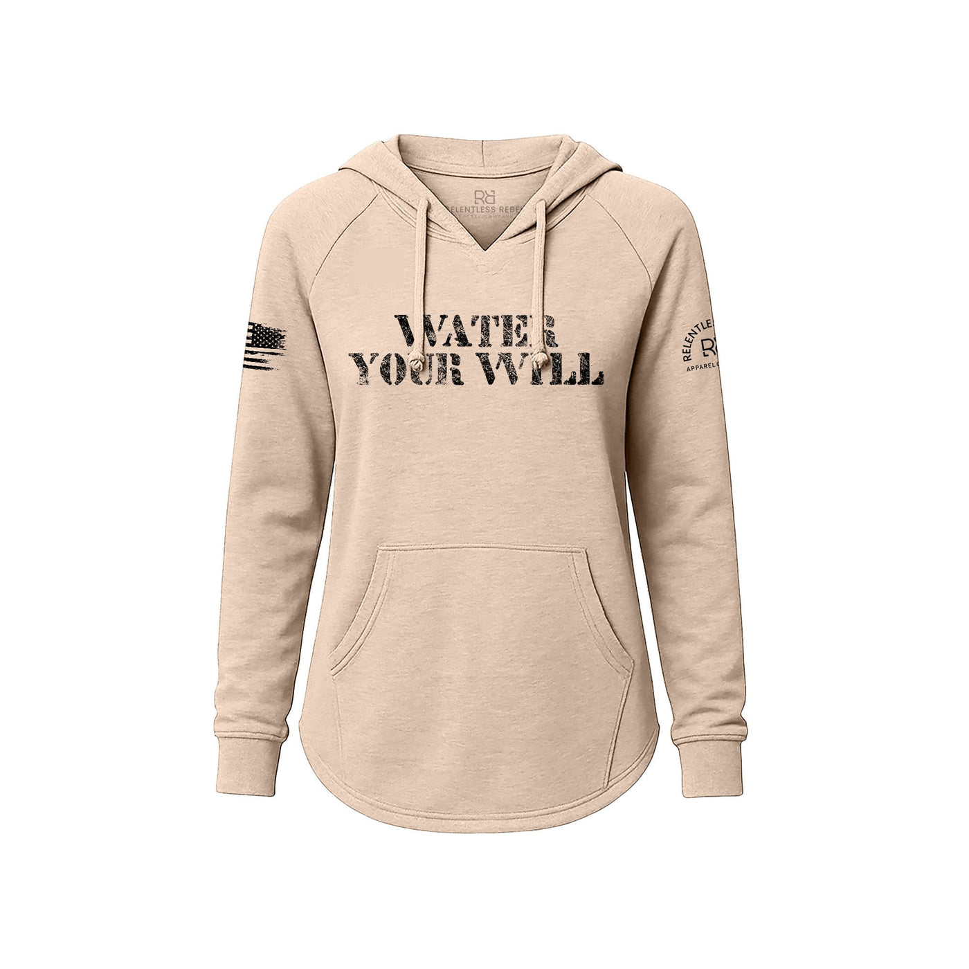 Blush hoodie with text and logos on a white background