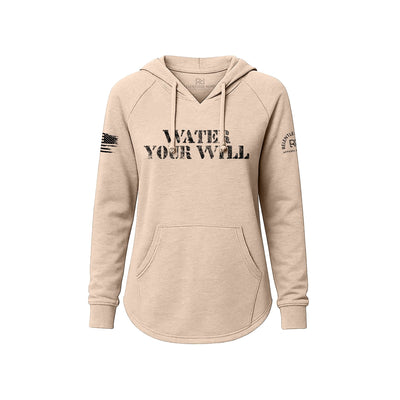 Blush hoodie with text and logos on a white background