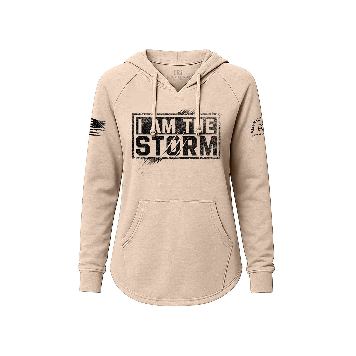 Blush hoodie with 'I am the Storm' text on a white background