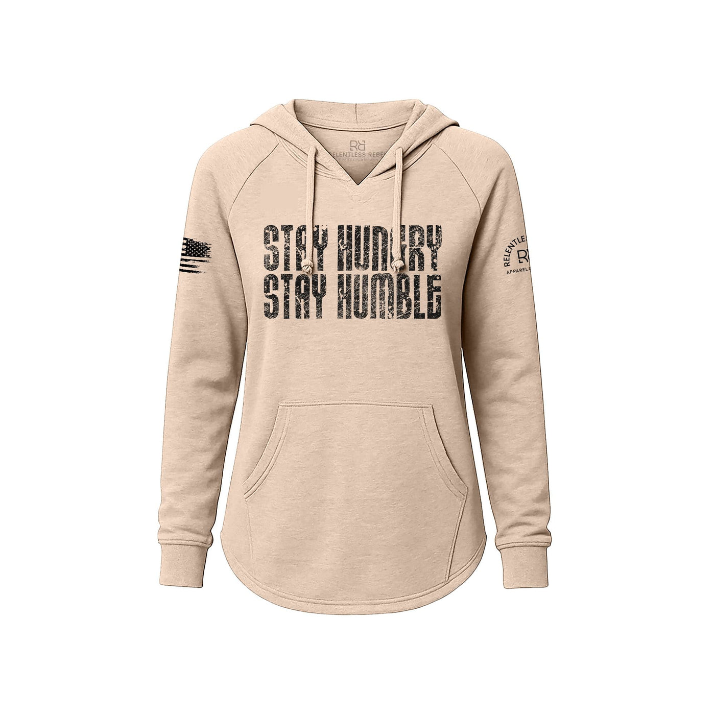 Blush hoodie with 'Stay Hungry Stay Humble' text on a white background
