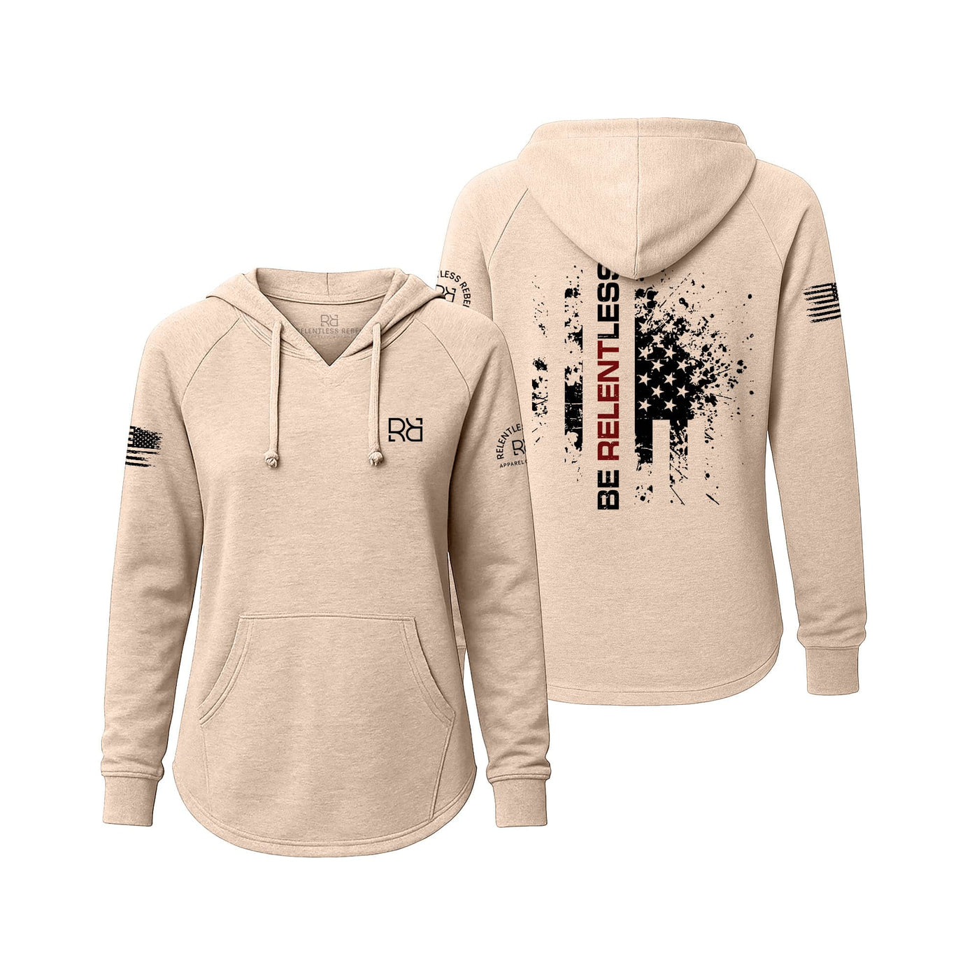 Blush hoodie with front and back designs on a white background