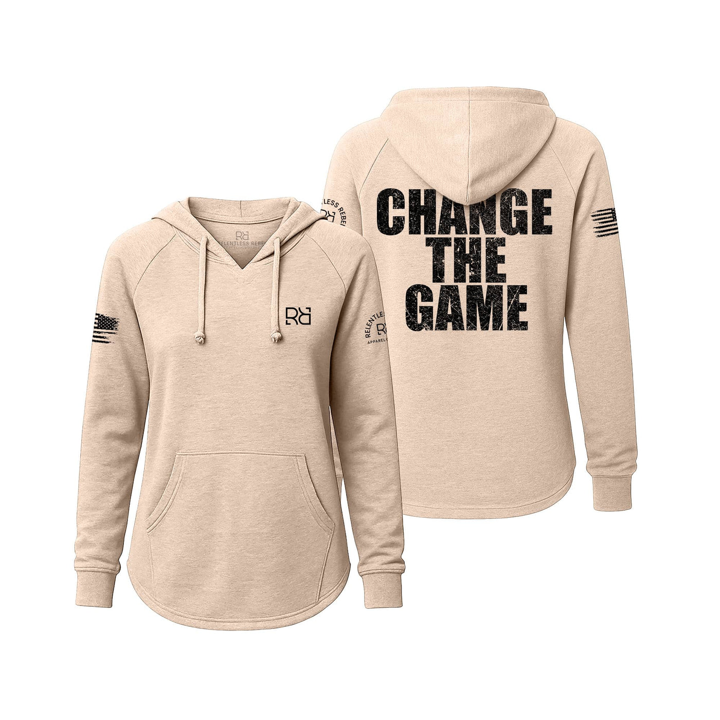 Blush hoodie with Change the Game on the back