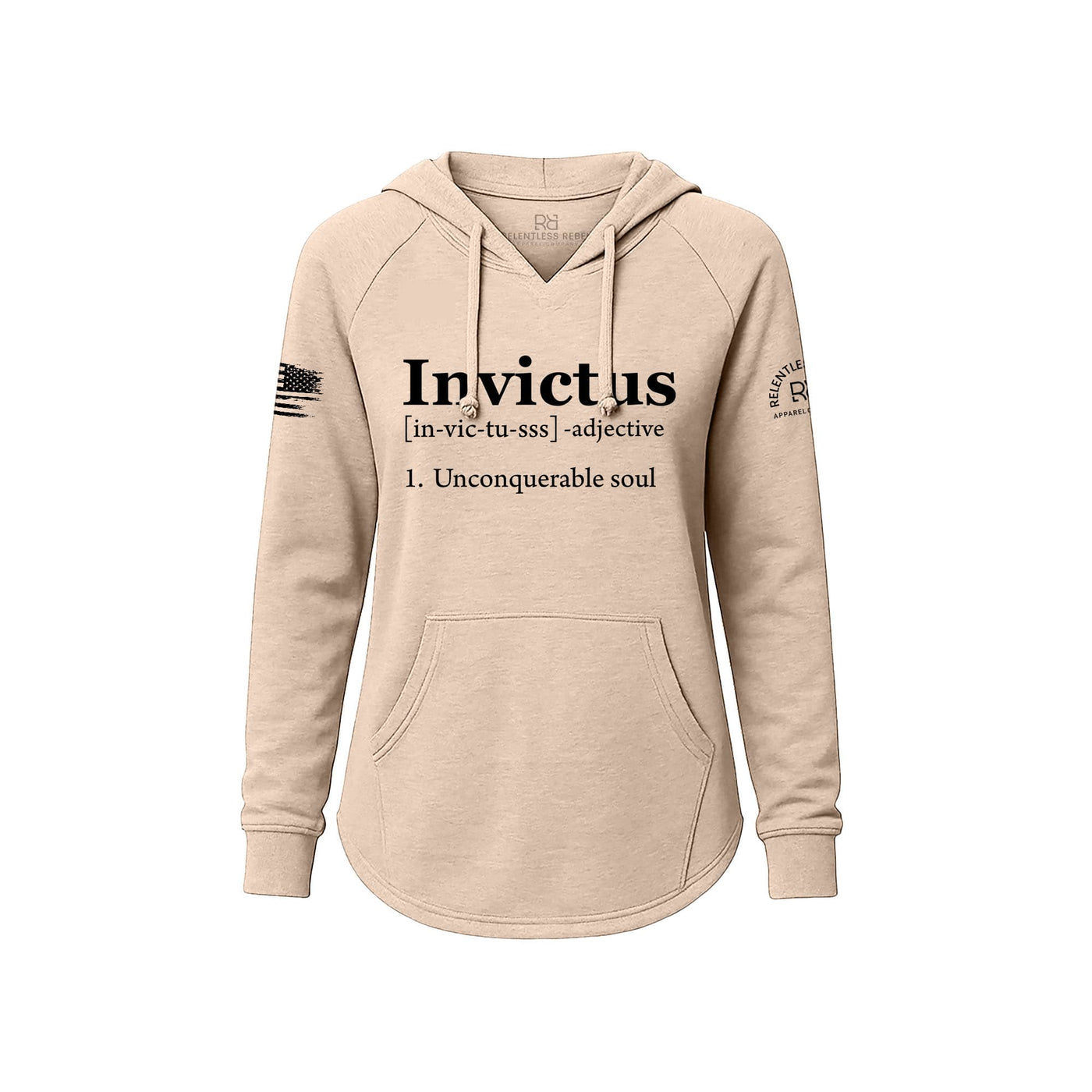 Blush hoodie with 'Invictus' text and definition on a white background