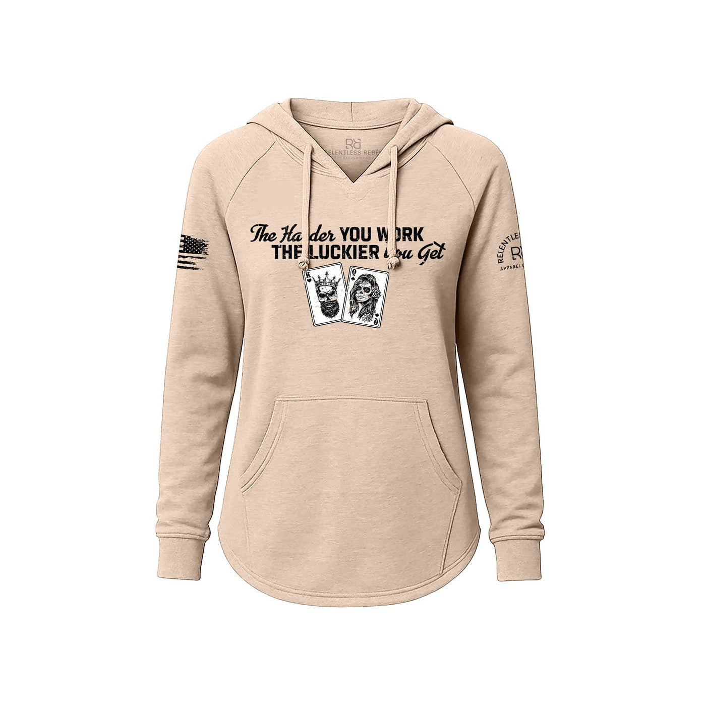 Blush hoodie with text and graphics on a white background