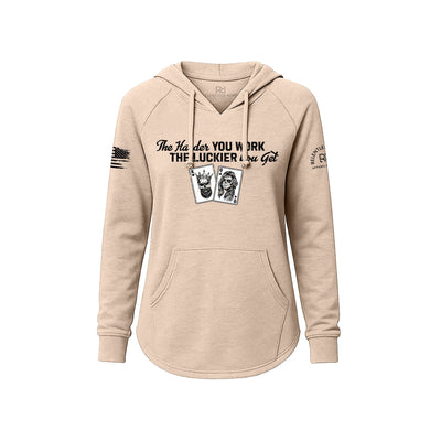 Blush hoodie with text and graphics on a white background