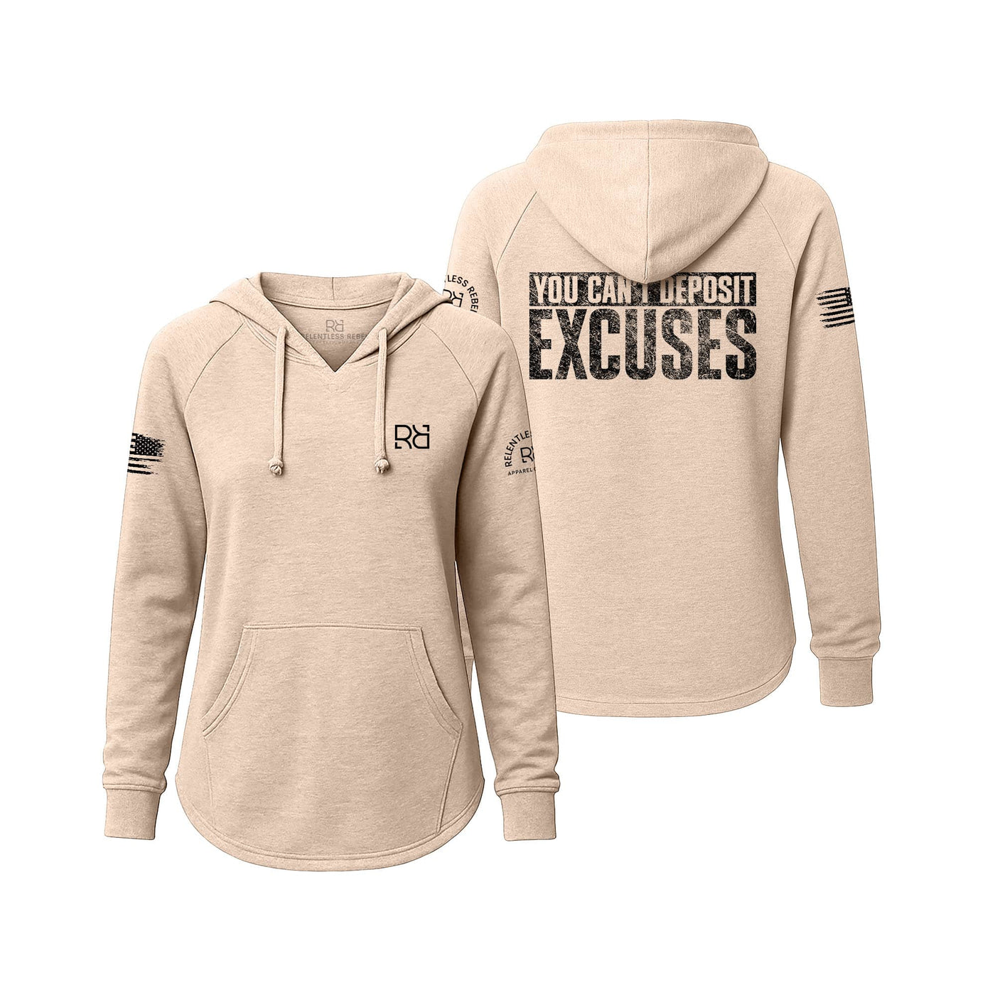 Blush hoodie with text on front and back on a white background
