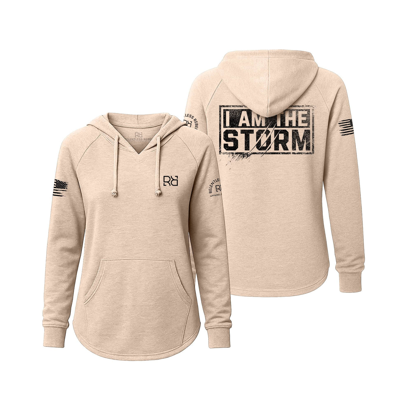 Blush hoodie with 'I AM THE STORM' text on the back, displayed from front and back views.