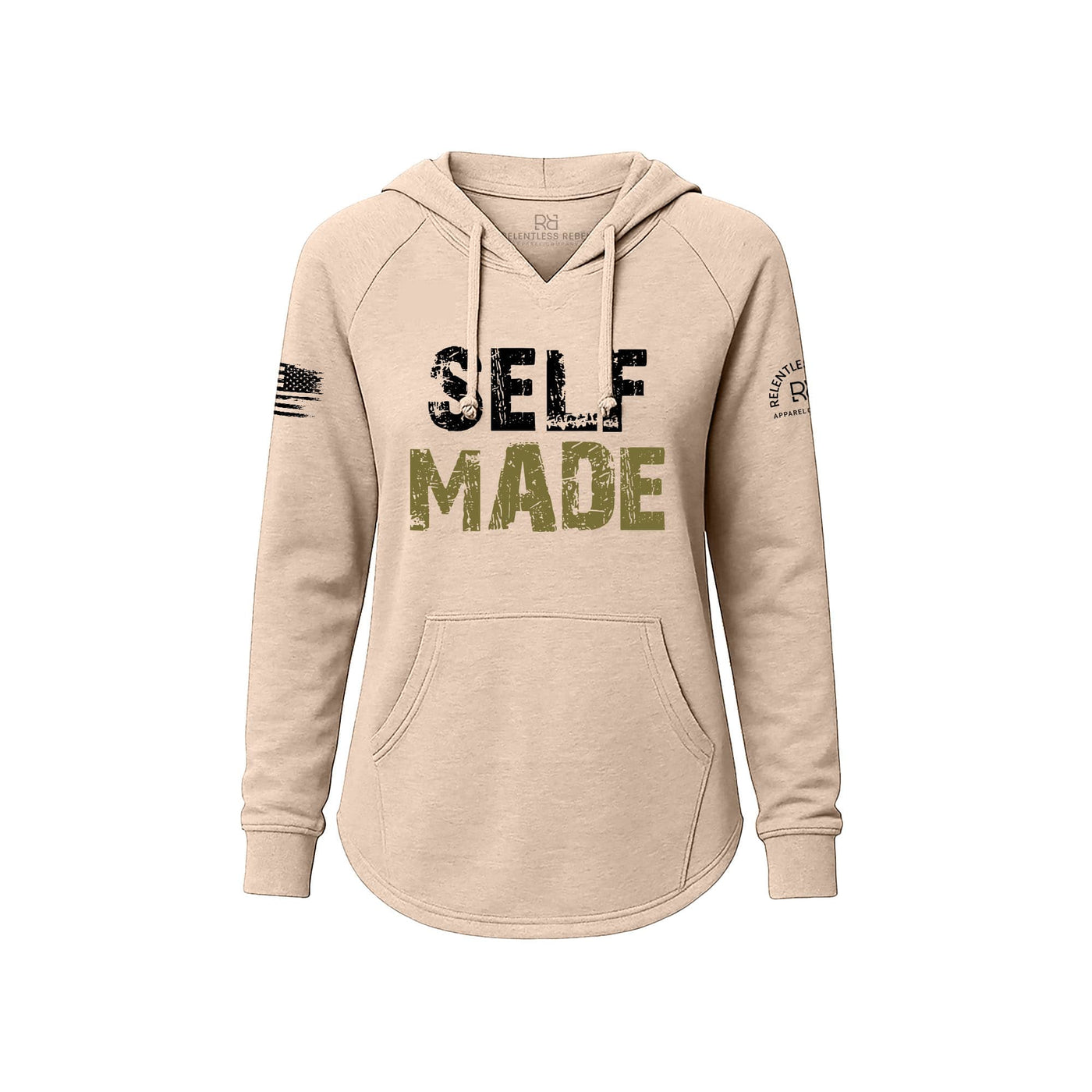Blush hoodie with 'SELF MADE' text on a white background