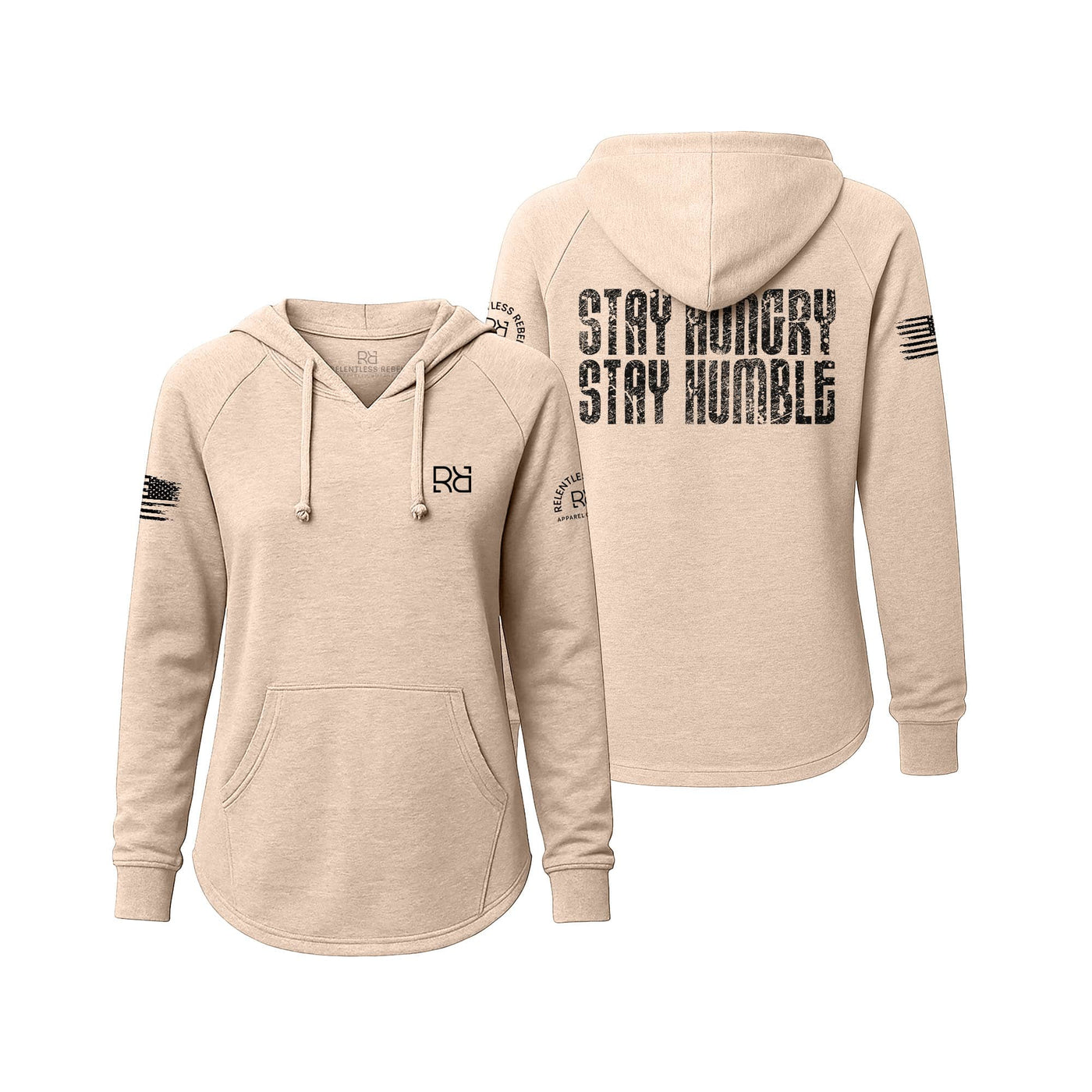 Blush hoodie with 'Stay Hungry Stay Humble' text on a white background