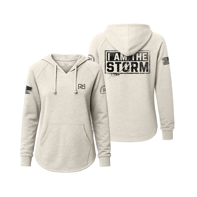 White hoodie with 'I AM THE STORM' text on a white background