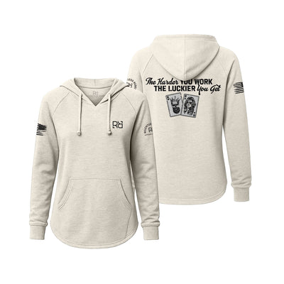 White hoodie with text and graphics on front and back on a white background