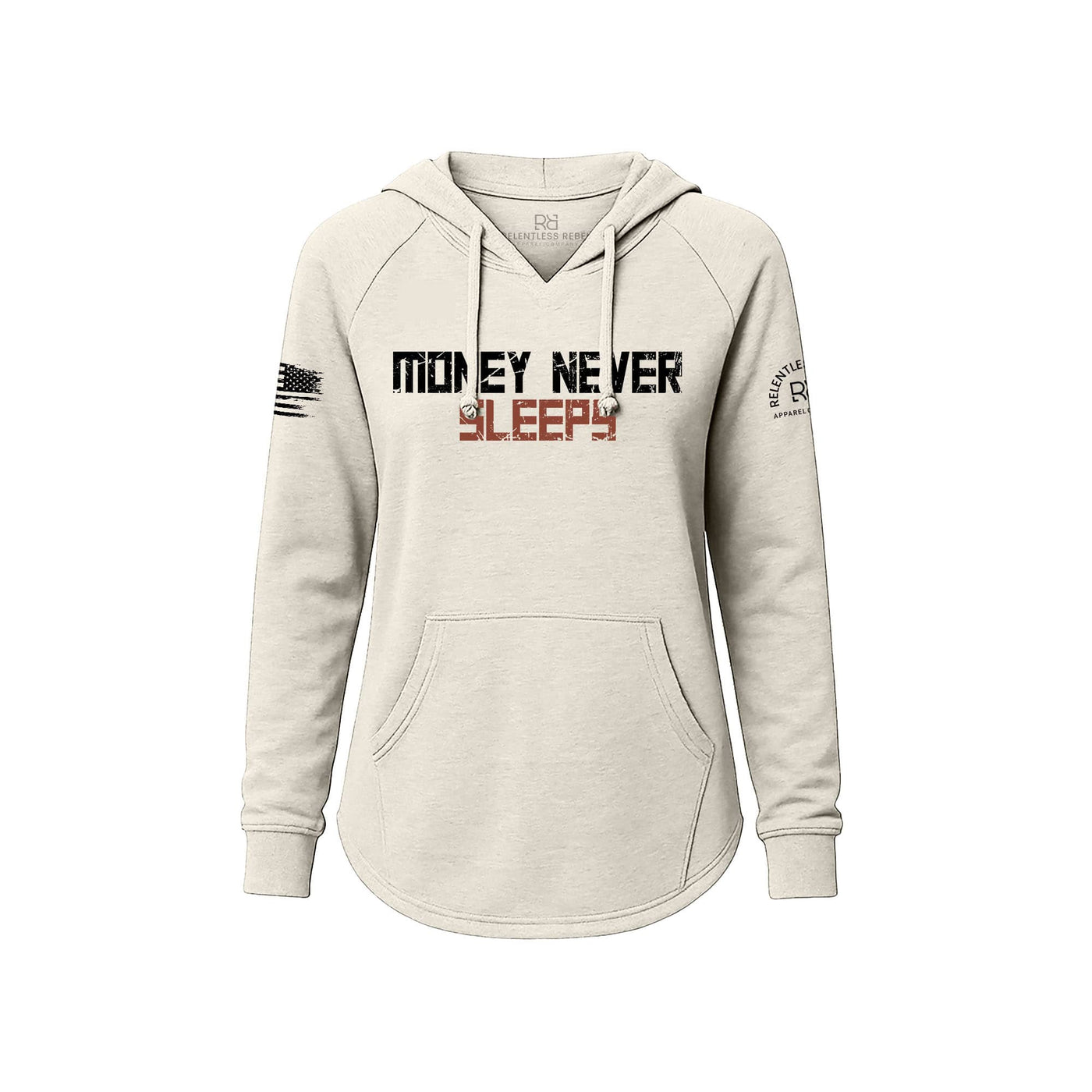 White Women's Wave Hoodie with Money Never Sleeps on the front