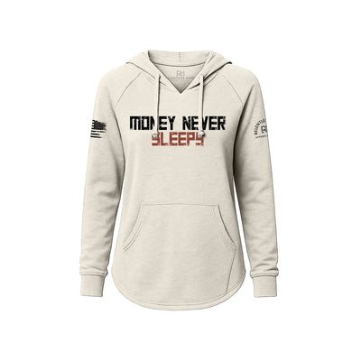 White Women's Wave Hoodie with Money Never Sleeps on the front