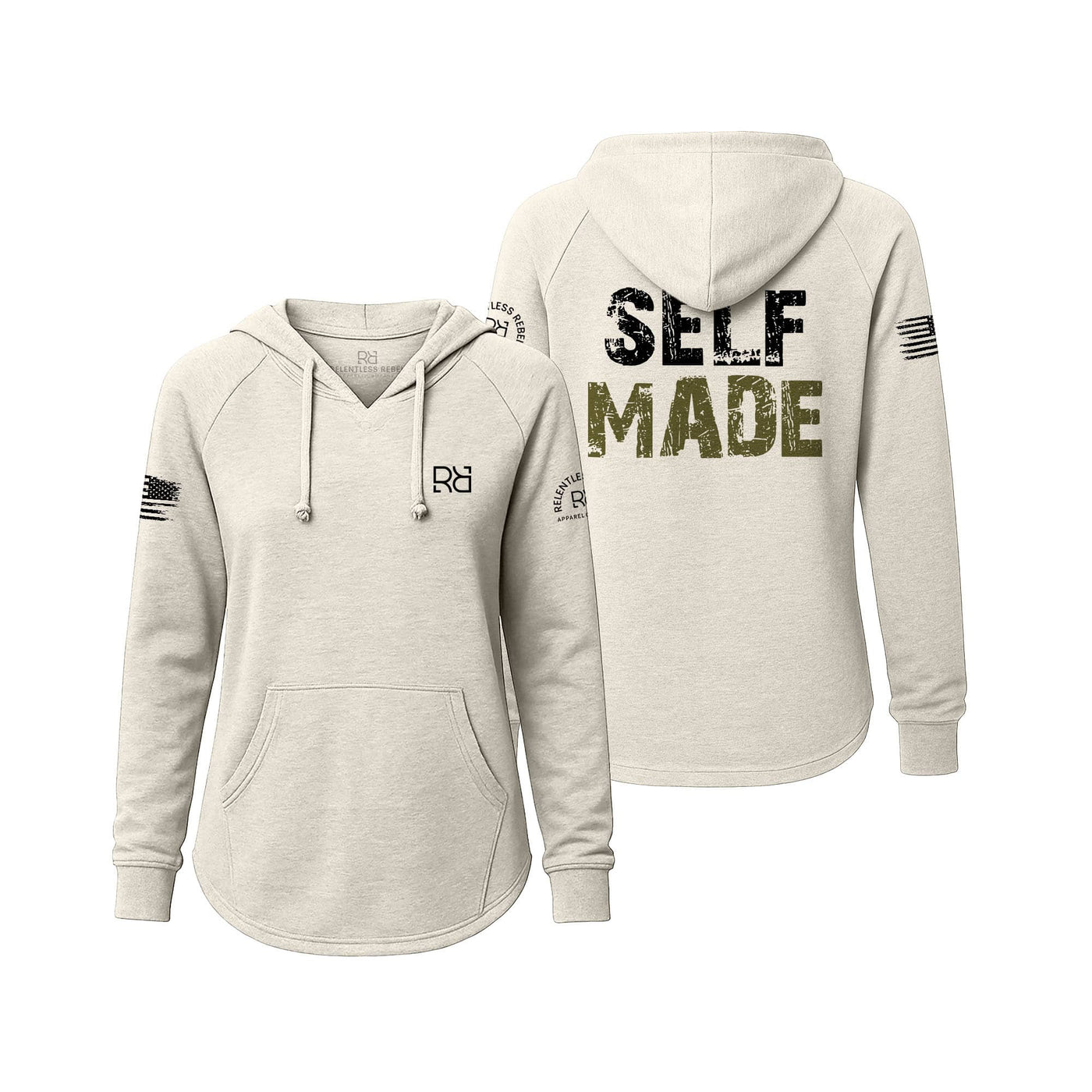 White hoodie with 'SELF MADE' text on the back, displayed from front and back views.