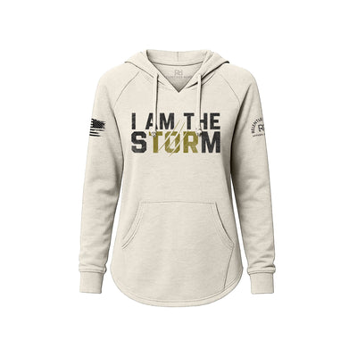 White hoodie with 'I AM THE STORM' text on a white background