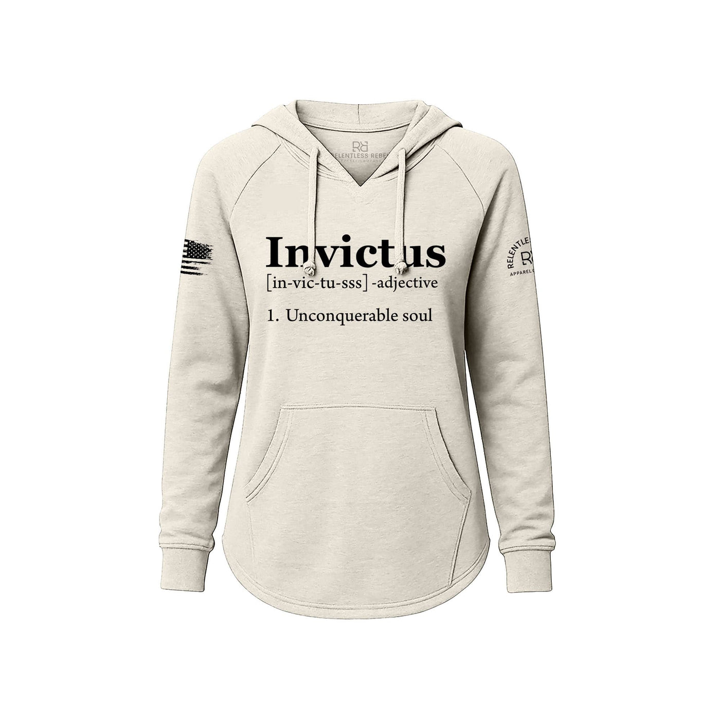 White hoodie with 'Invictus' text and definitions on a white background