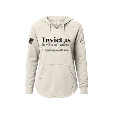 White hoodie with 'Invictus' text and definitions on a white background