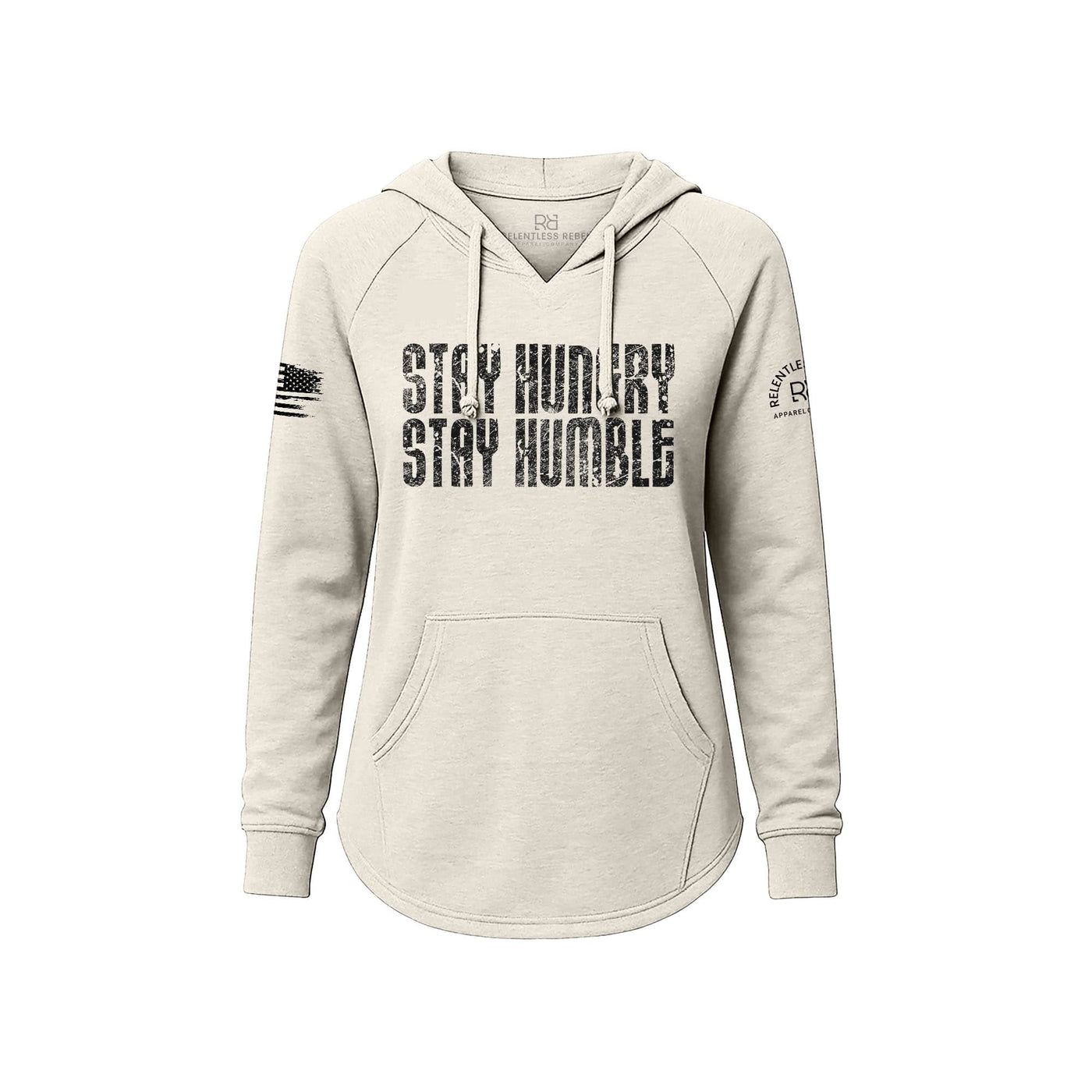 White hoodie with 'Stay Hungry Stay Humble' text on a white background