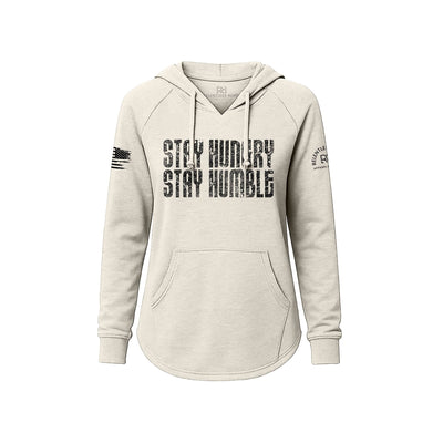 White hoodie with 'Stay Hungry Stay Humble' text on a white background