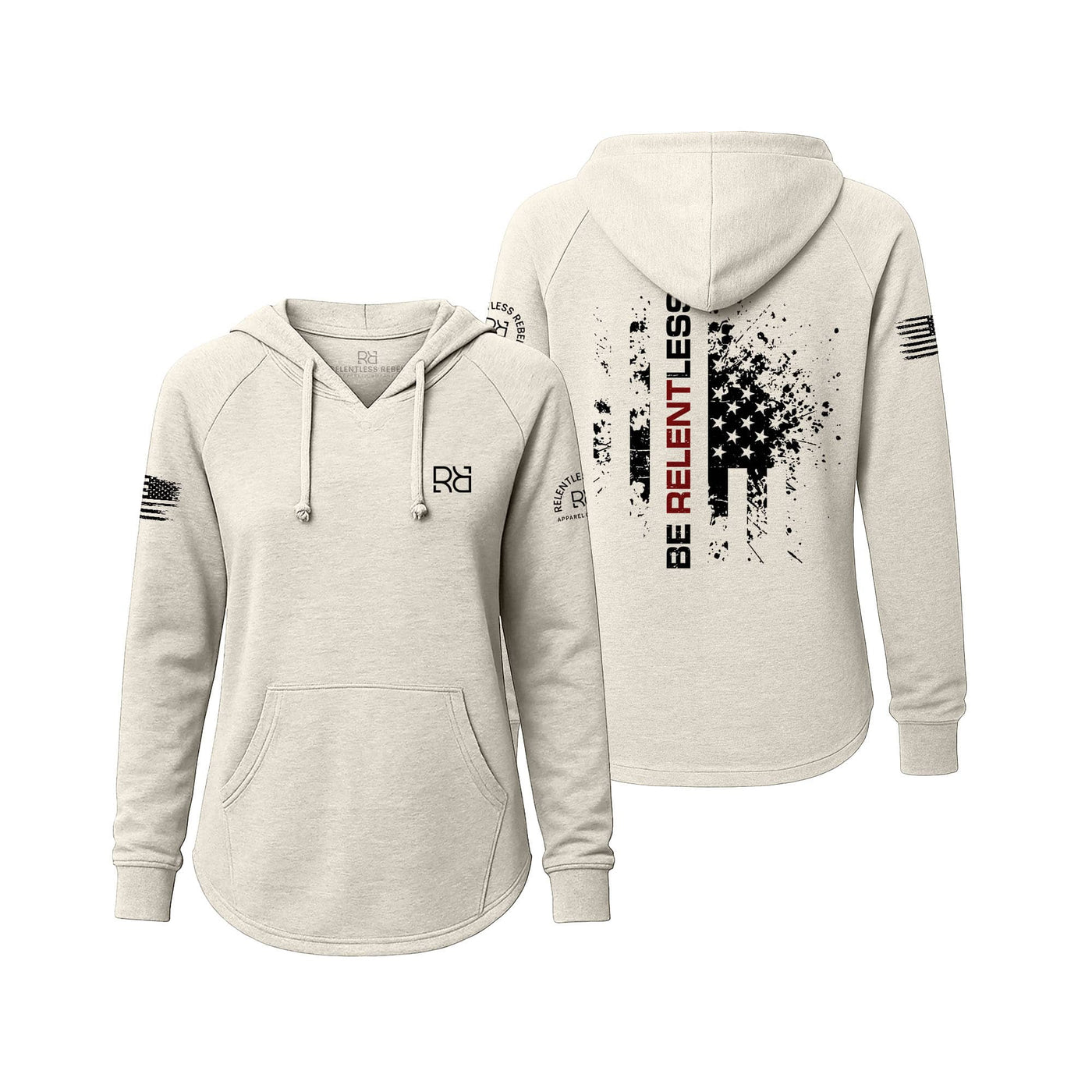 White hoodie with front and back designs on a white background