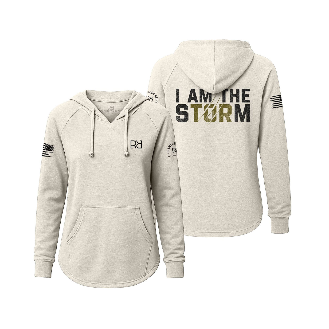 White hoodie with 'I AM THE STORM' text on the back, on a white background