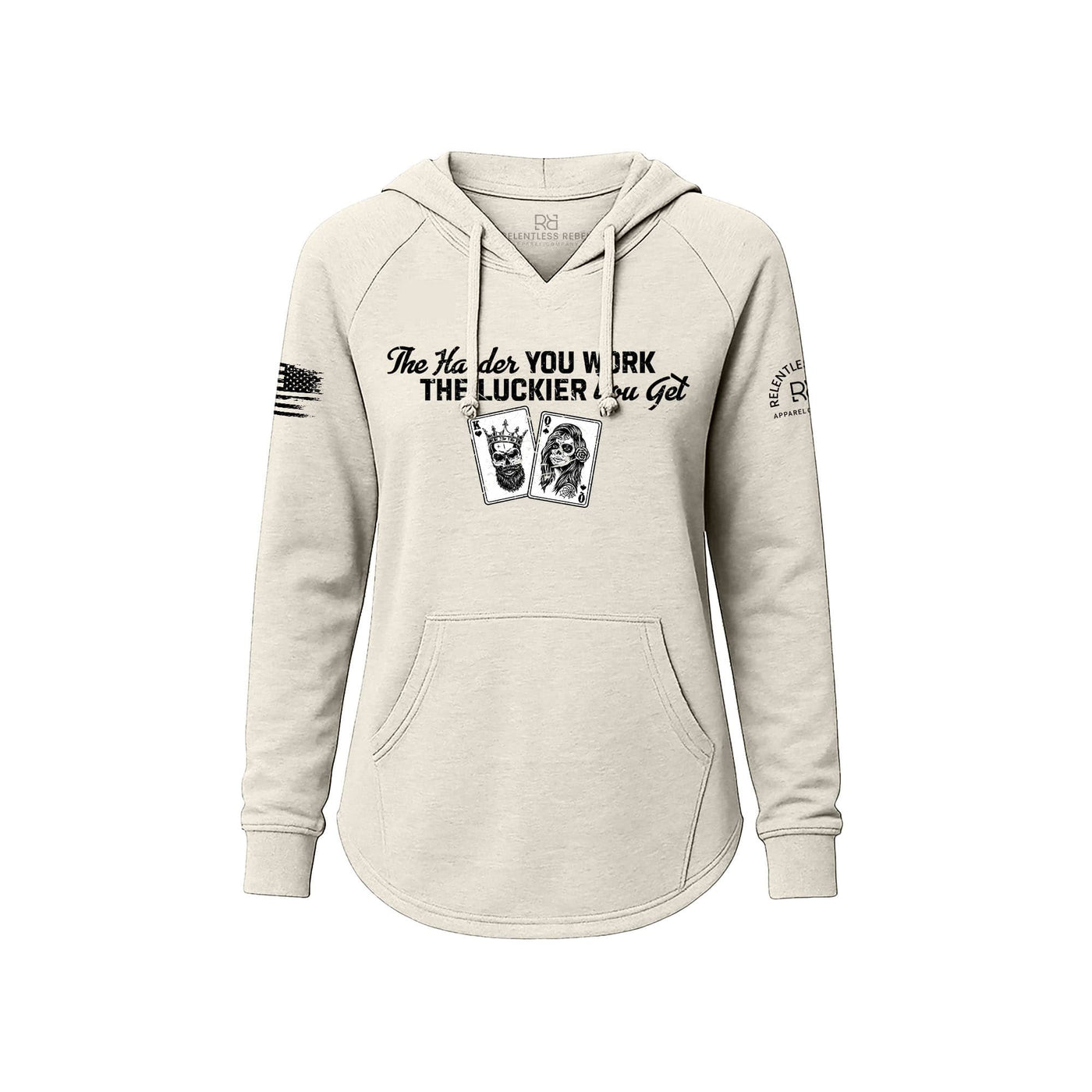 White hoodie with text and graphics on a white background