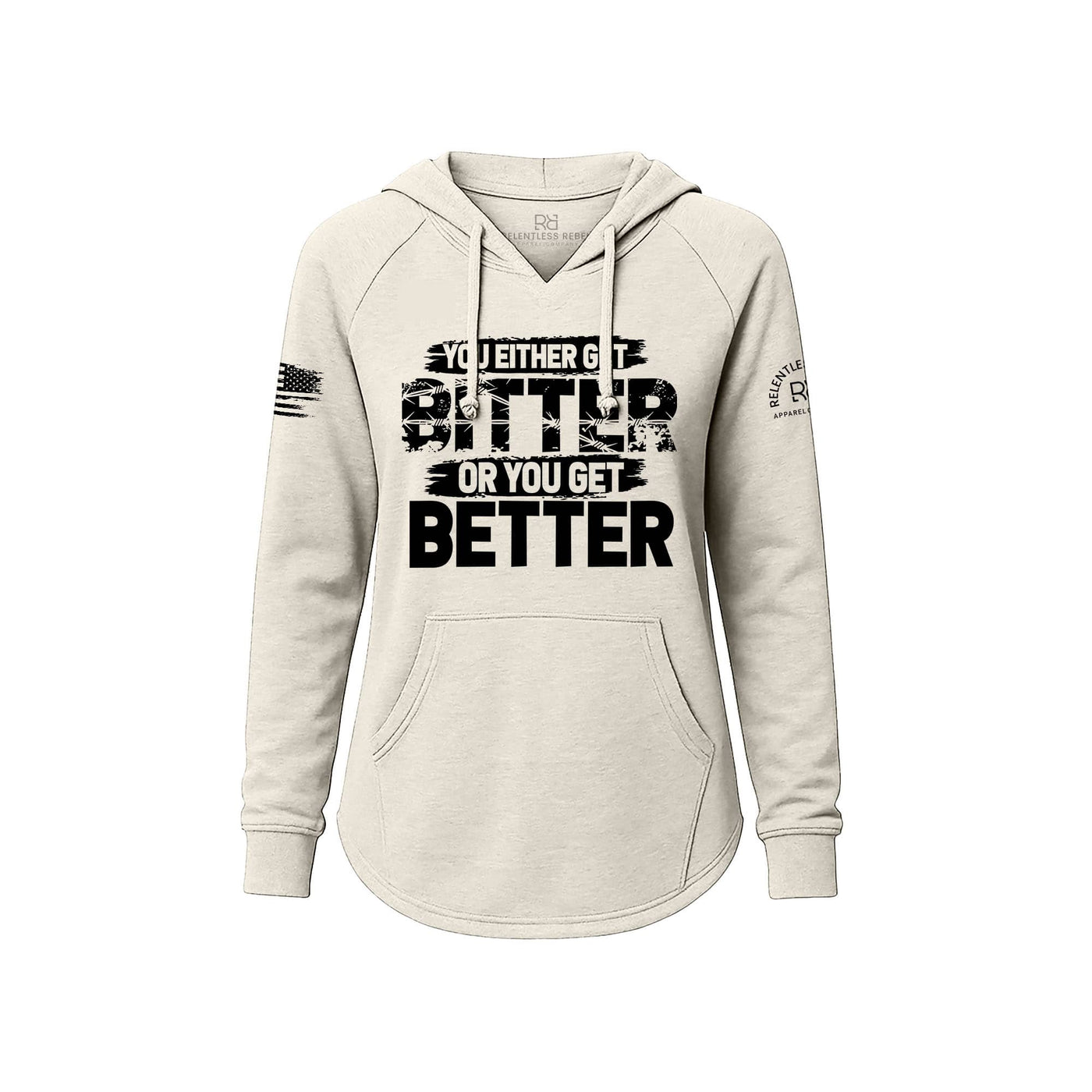 White hoodie with text design on a white background