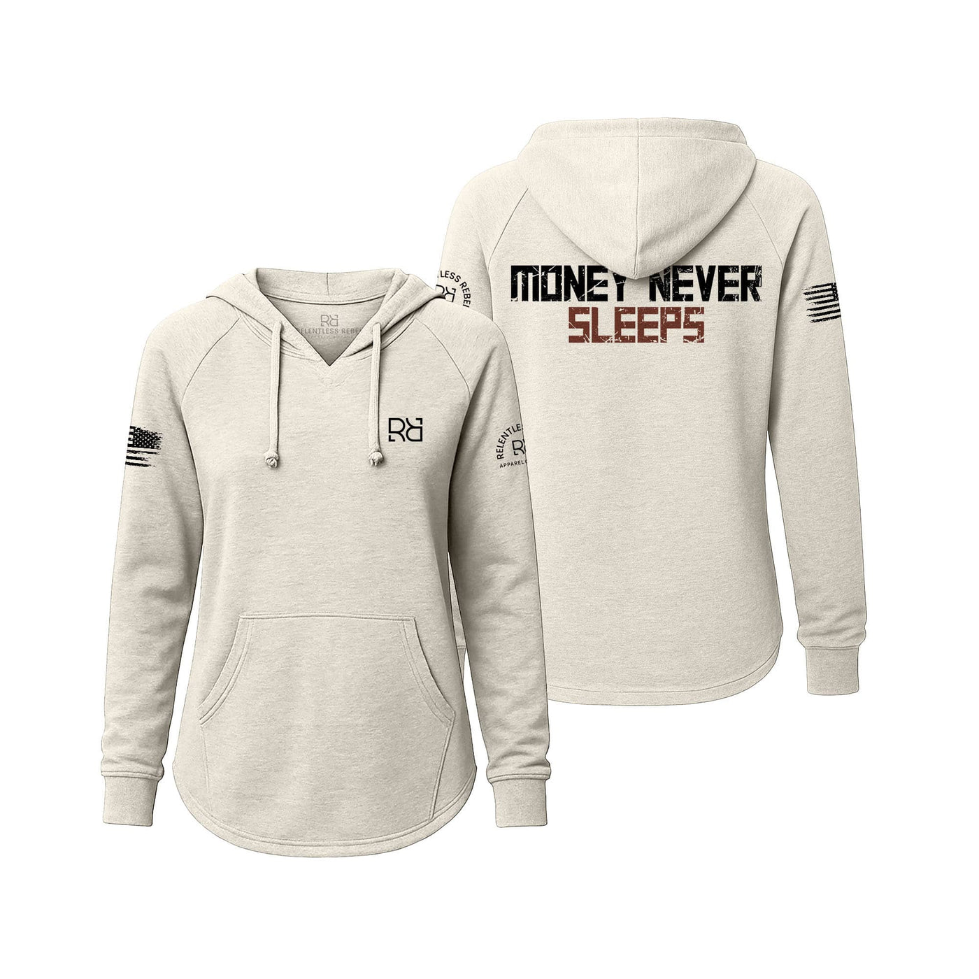 White Women's Wave Hoodie with the Money Never Sleeps on the back