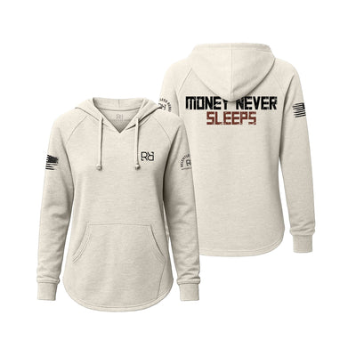 White Women's Wave Hoodie with the Money Never Sleeps on the back