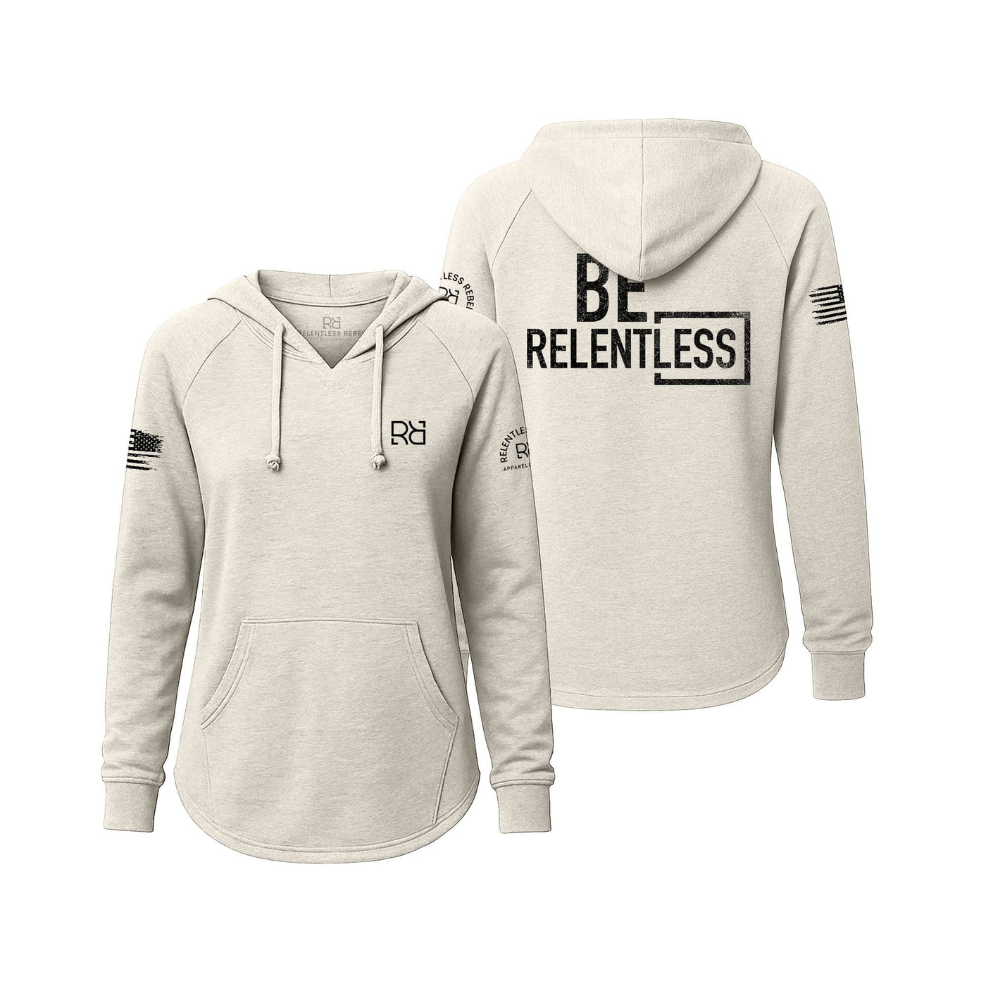 White hoodie with 'BE RELENTLESS' text on a white background