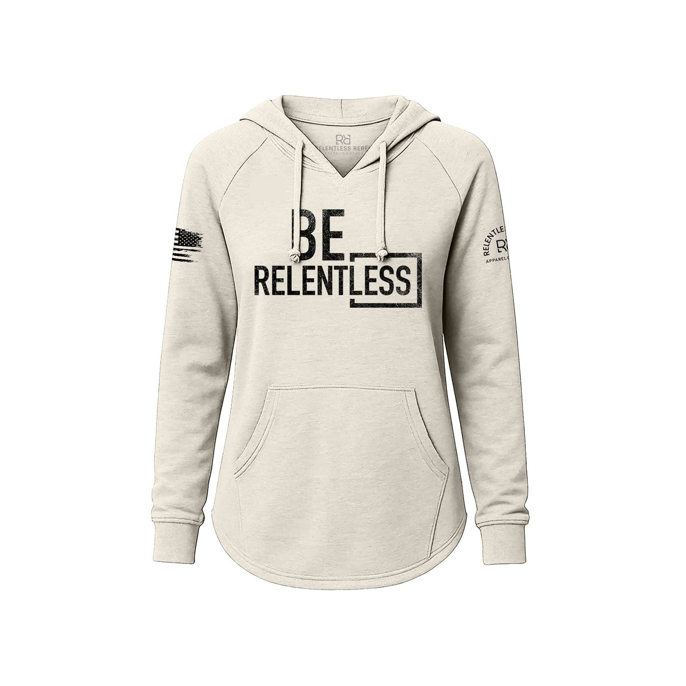 White hoodie with 'BE RELENTLESS' text on a white background