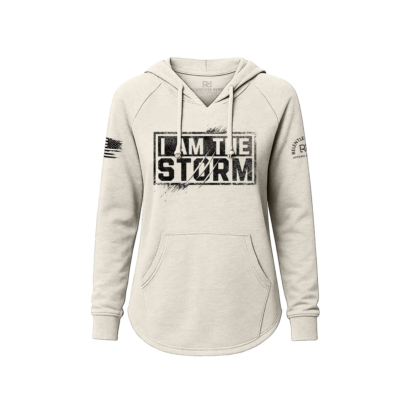 White hoodie with 'I AM THE STORM' text on a white background