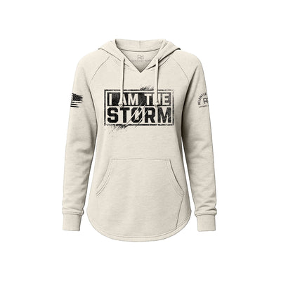 White hoodie with 'I AM THE STORM' text on a white background