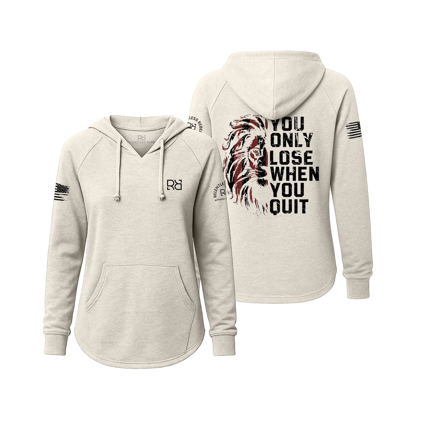 White hoodie with motivational quote and lion design on a white background