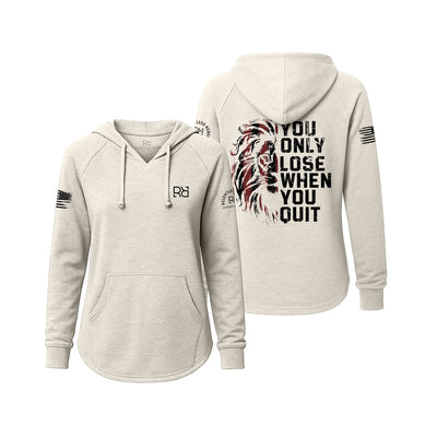 White hoodie with motivational quote and lion design on a white background