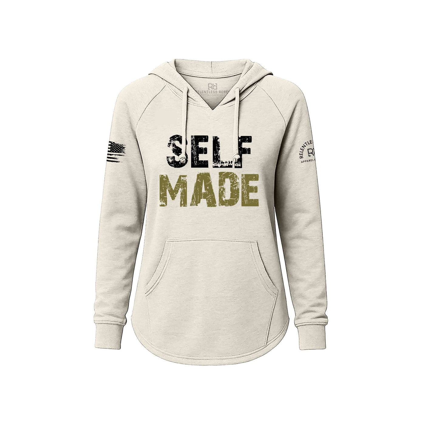 White hoodie with 'SELF MADE' text on a white background