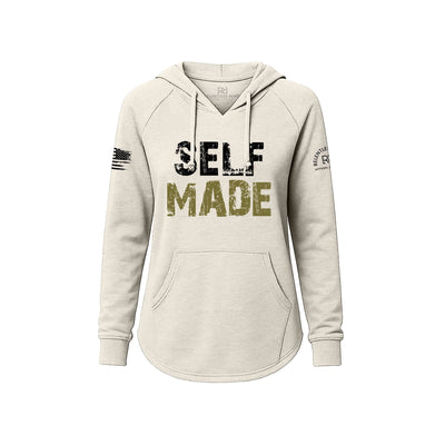 White hoodie with 'SELF MADE' text on a white background