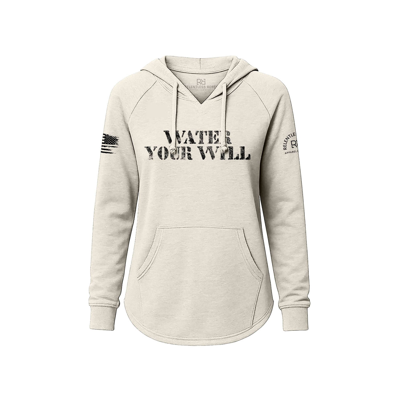 White hoodie with 'Water Your Will' text on a white background