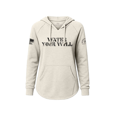 White hoodie with 'Water Your Will' text on a white background