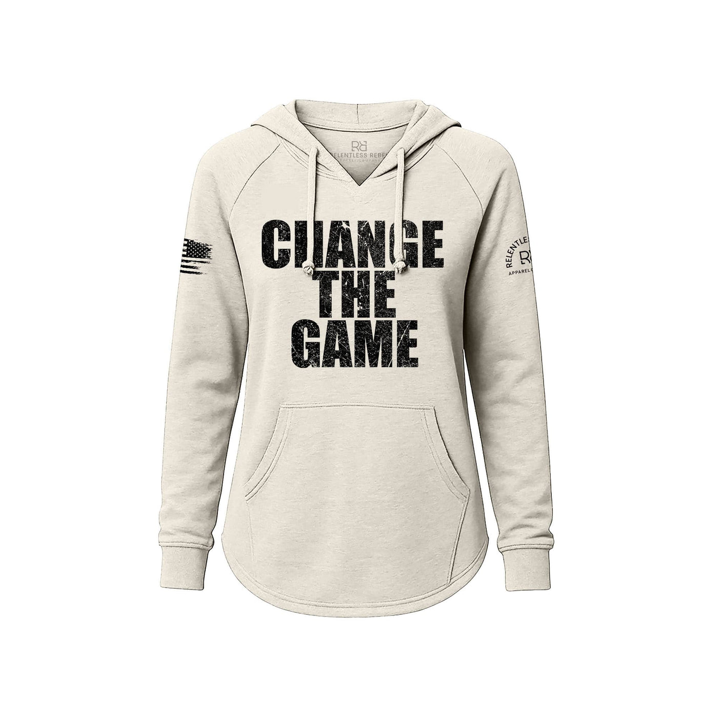 White hoodie with 'CHANGE THE GAME' text on a white background