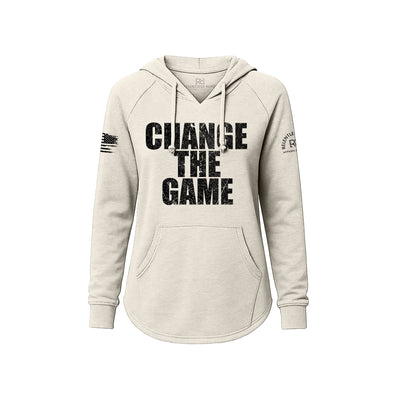 White hoodie with 'CHANGE THE GAME' text on a white background