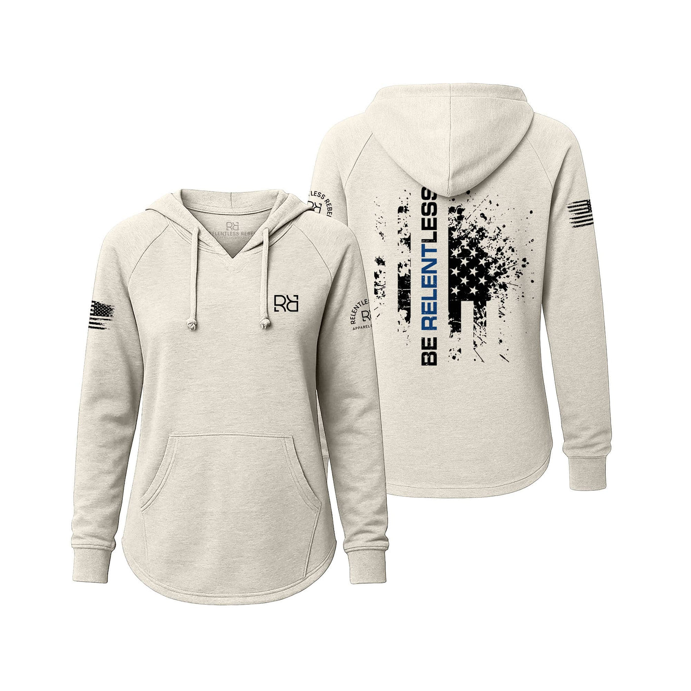 White hoodie with front and back designs on a white background