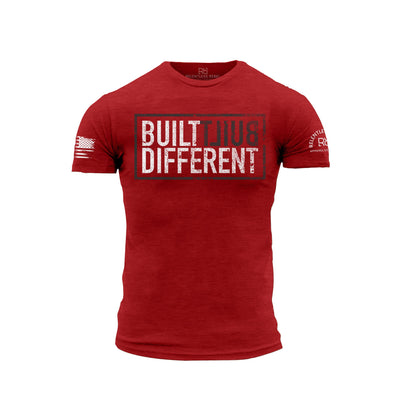 Built Different Heather Red front design t-shirt