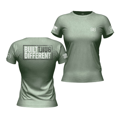 Heather Sage women's Built Different back design tee