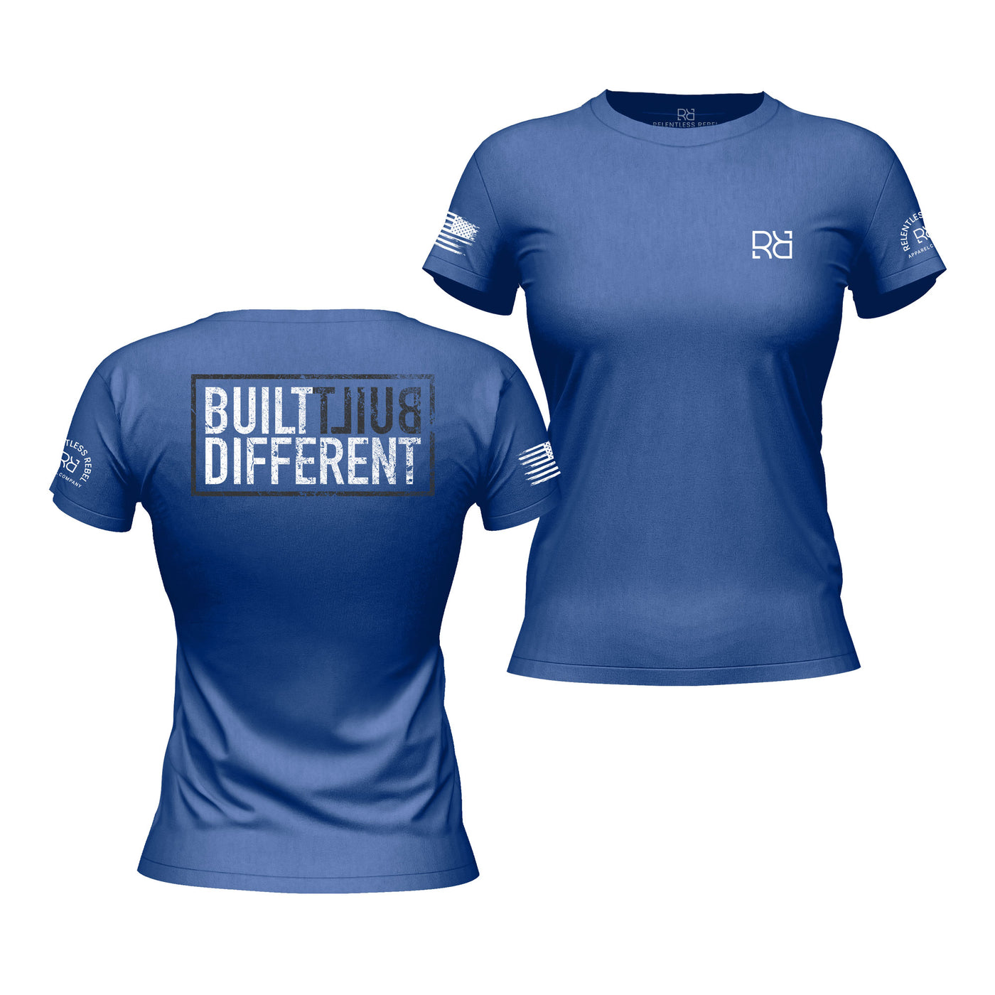 Rebel Blue women's Built Different back design tee