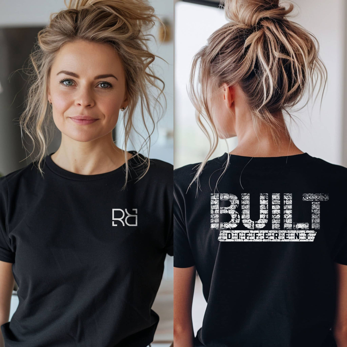 Person wearing a black t-shirt with a logo on the front and text on the back.