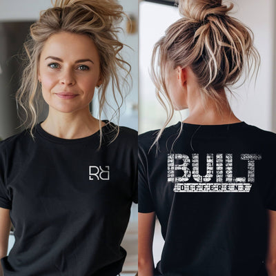 Person wearing a black t-shirt with a logo on the front and text on the back.